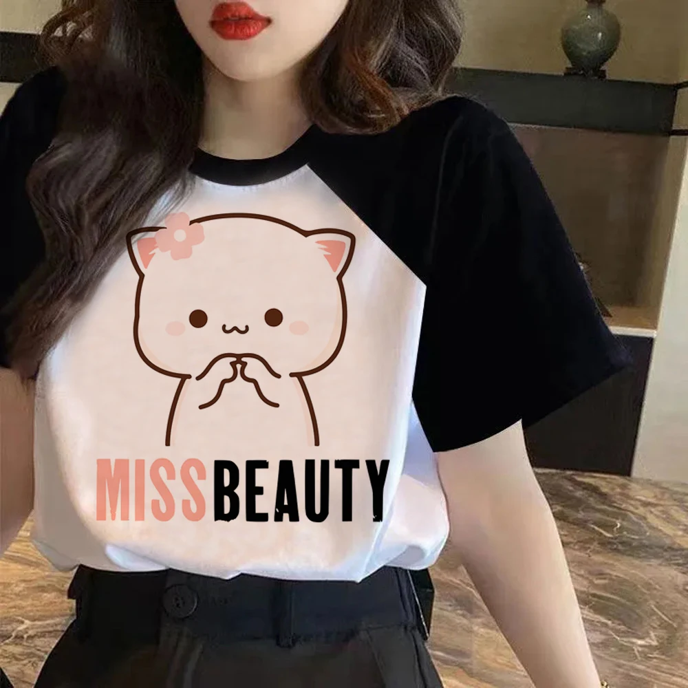 Kawaii Peach and Goma Mochi Cat Love Print T Shirt Women Y2k Clothes Cartoon Funny T-shirt Harajuku Anime Unisex Tshirt Female