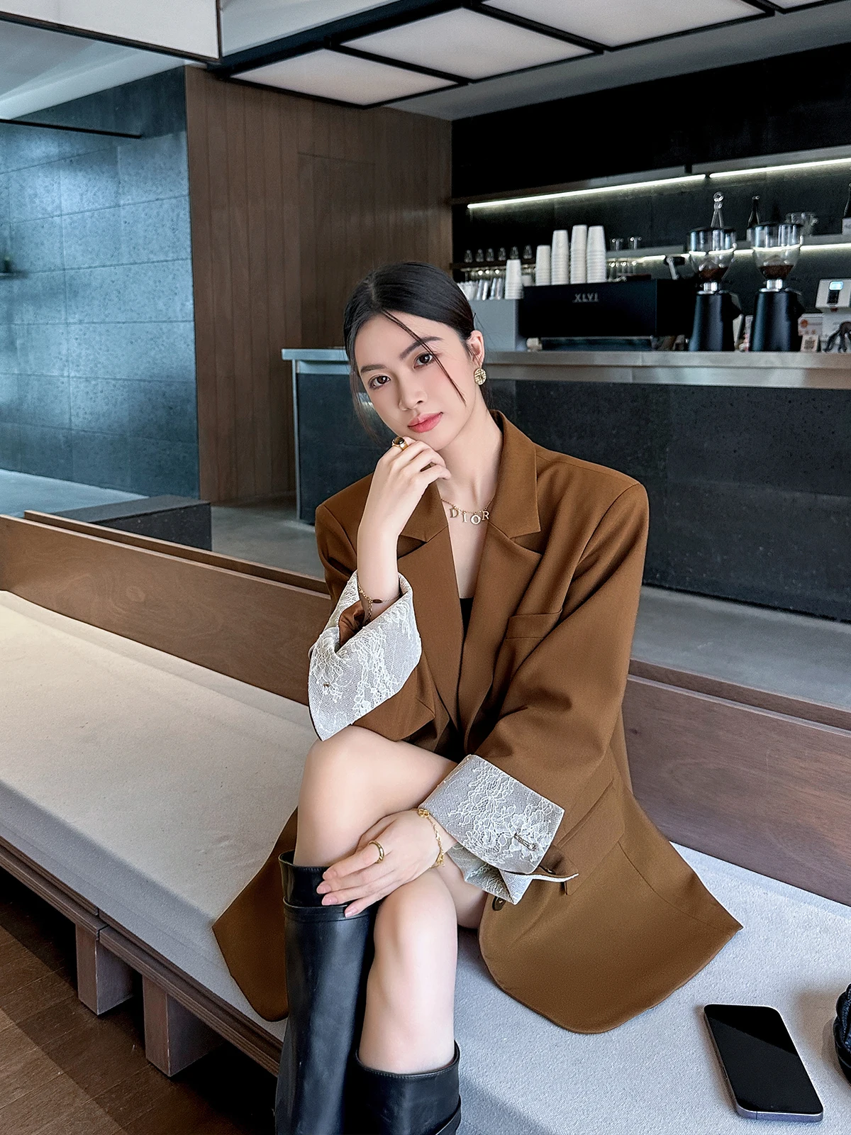 

Binguo винтажный коричневый кружевной костюм-свек Jaet женский свободный костюм для поездок на работу мода длинный свек на одной пуговице классическое пальто с воротником