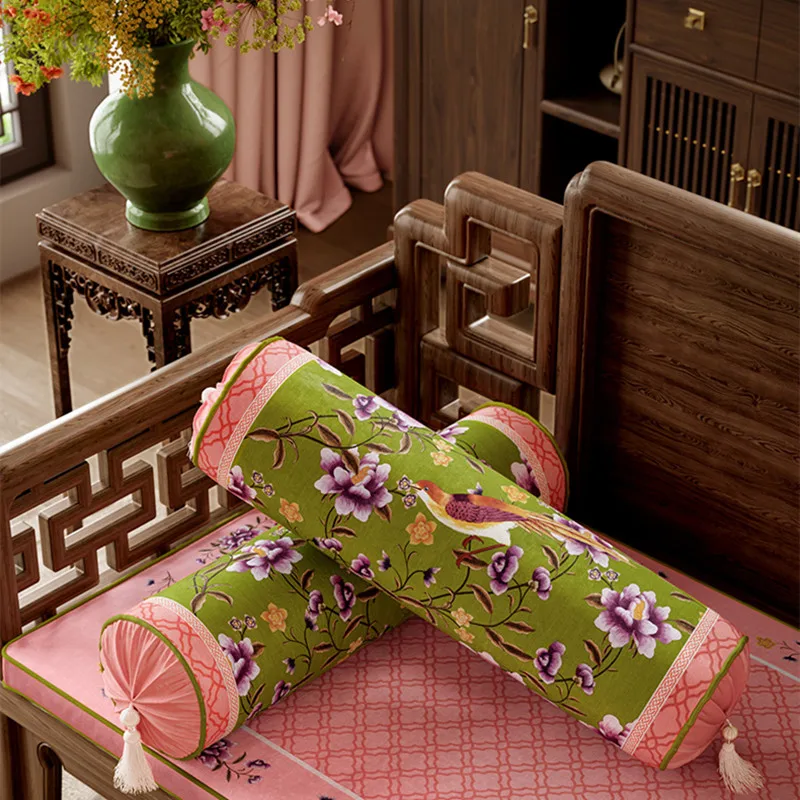 Velvet Cylinder Pillow New Chinese Style Decorative Bolster Pillows for Bed Couch Floral Bird Vintage Asia Lumbar Neckroll Round
