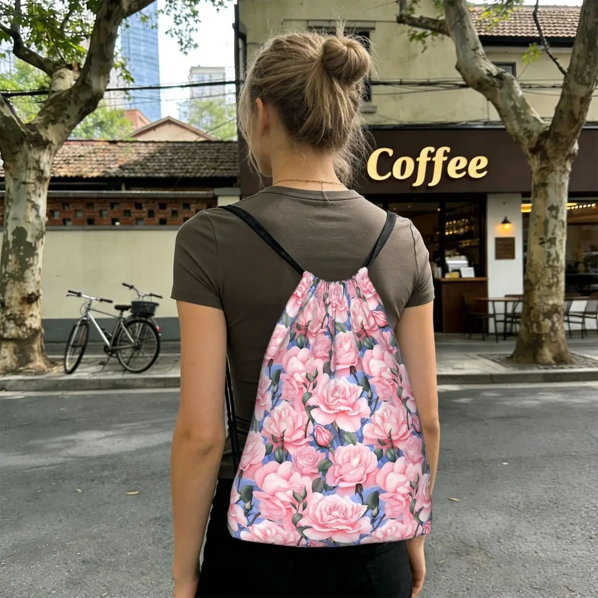 Pink Rose Botanical Garden Watercolor Backpacks Portable Drawstring Bags Sports Bag Book Bags for Travel School