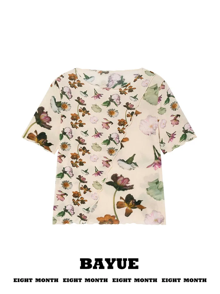

Lightweight Slim Fit Floral Print Short Sleeve T-Shirt Women's Summer Cute Style Elastic Band Detail Asymmetrical Split Design
