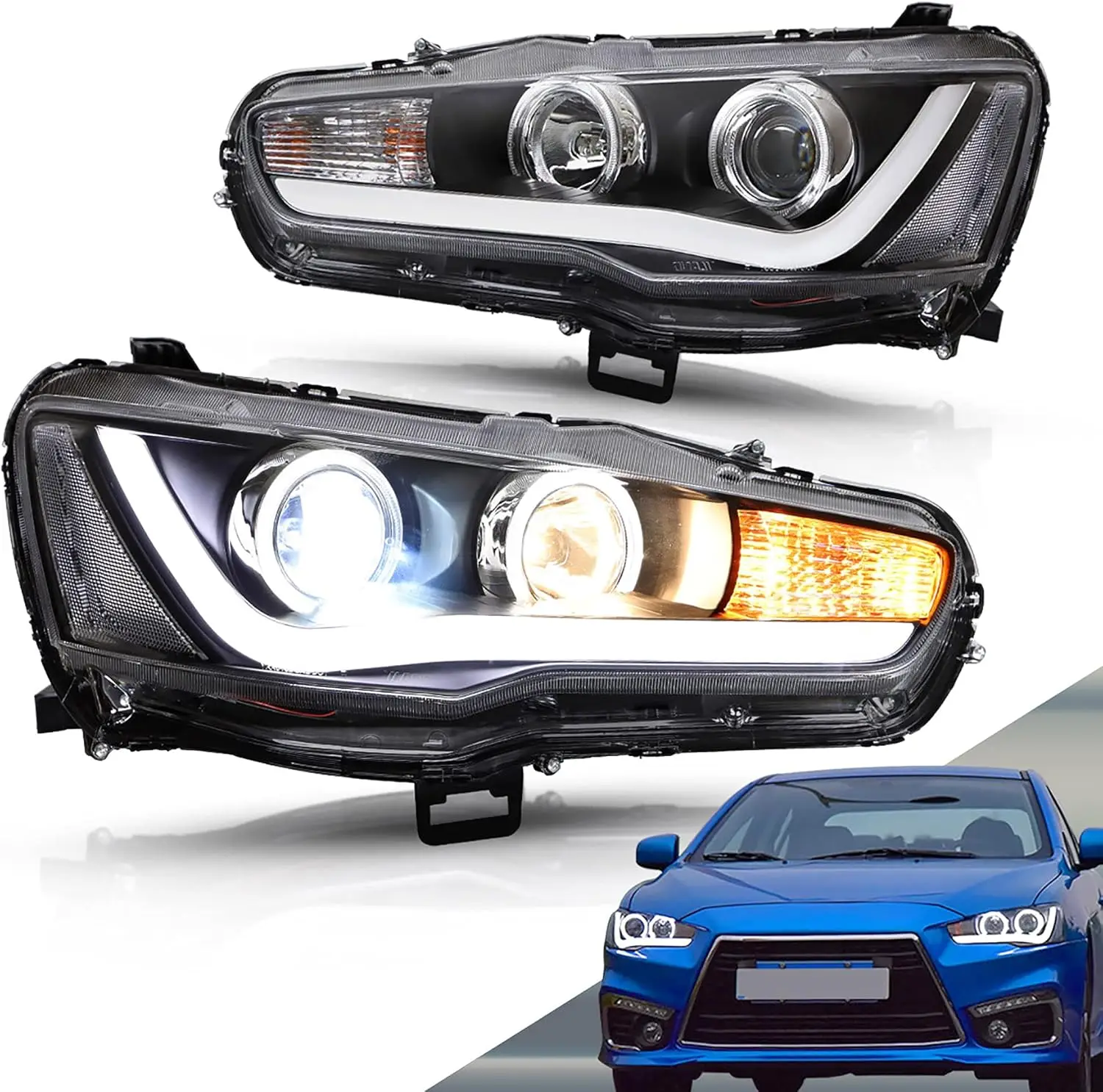 LED Dual Beam Projector Headlights For Mitsubishi Lancer EVO X Sedan 2008-2020, D2H/D2S for Low Beam(Not Included) Angel Style