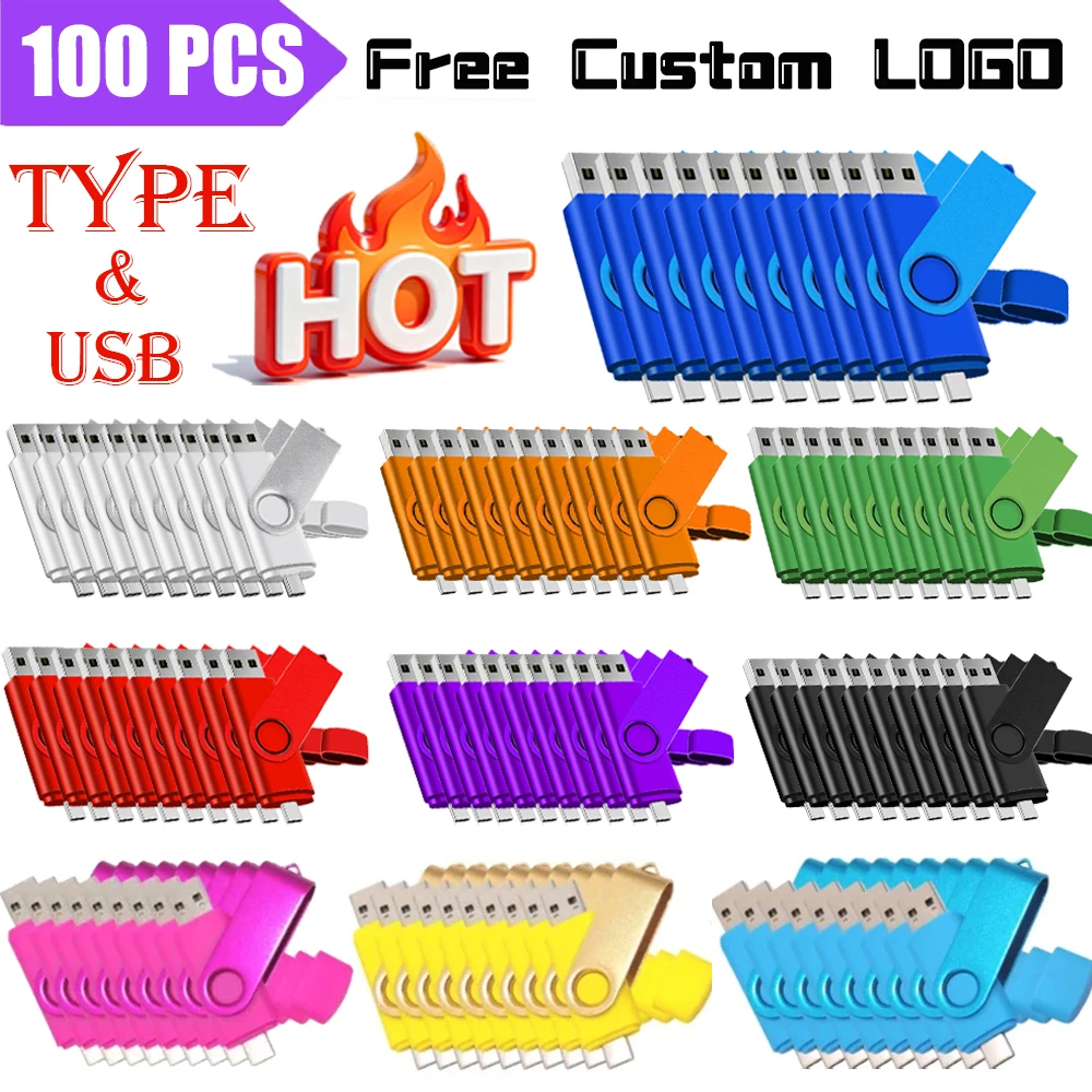 100PCS TYPE-C USB2.0 Flash Drive 128GB Christmas Gifts Pen Drive 64GB Free Custom Logo Memory Stick 32G Real Capacity U Disk 16G