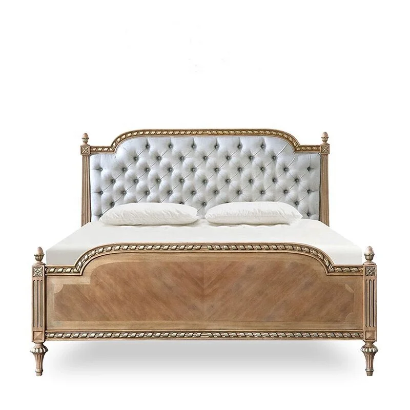 

* High Quality Bedroom Furniture French Vintage Soft Bag Fabric Solid Wood Double Bed