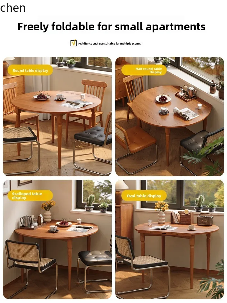 ZML All Solid Wood Folding Table Household Round Table Retractable Folding Round Table