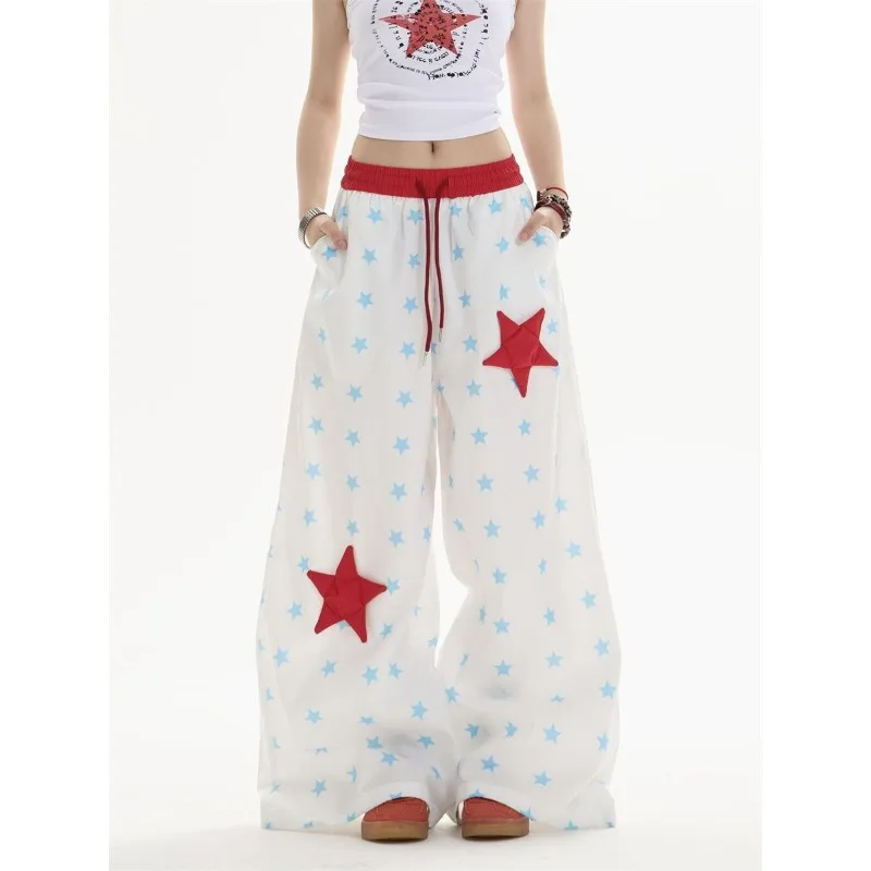 Women American Retro Blue Star Print Quick Dry Wide Leg Trousers Summer Loose Floor Length Casual Pants S XL