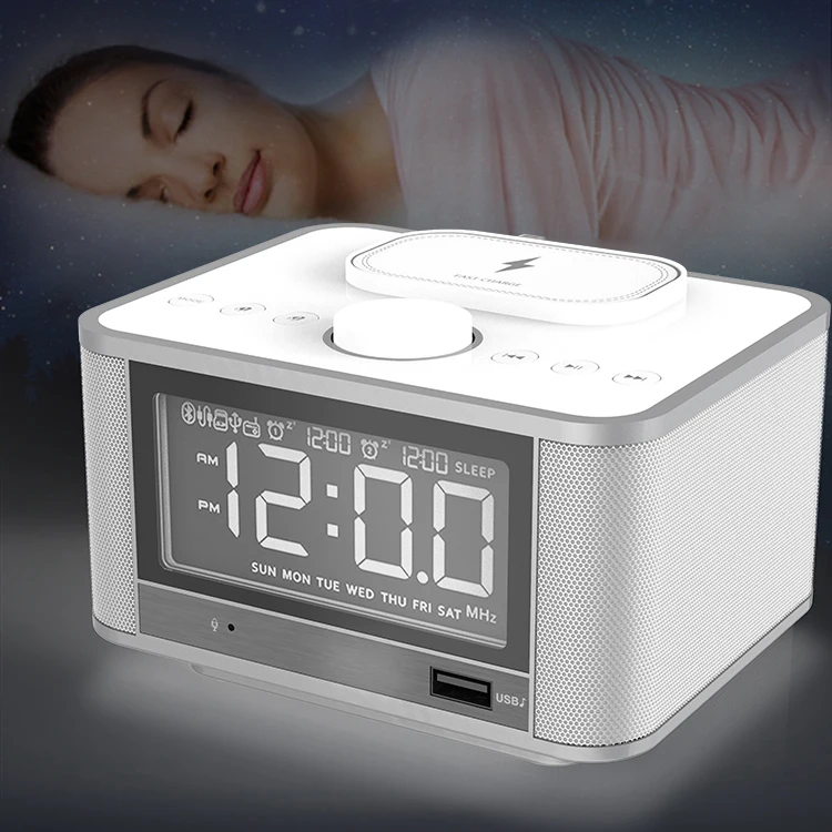 Alarm Clock  Wireless Charger Speaker FM Radio Custom LOGO  Time Display BT smart sound box USB charing  bedside