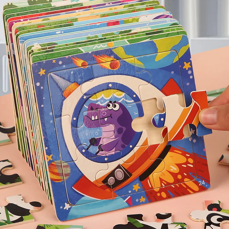 9 조각 나무 퍼즐 어린이 무작위 보내기 패턴 만화 동물 몬테소리 퍼즐 게임 어린이를위한 아기 교육 장난감