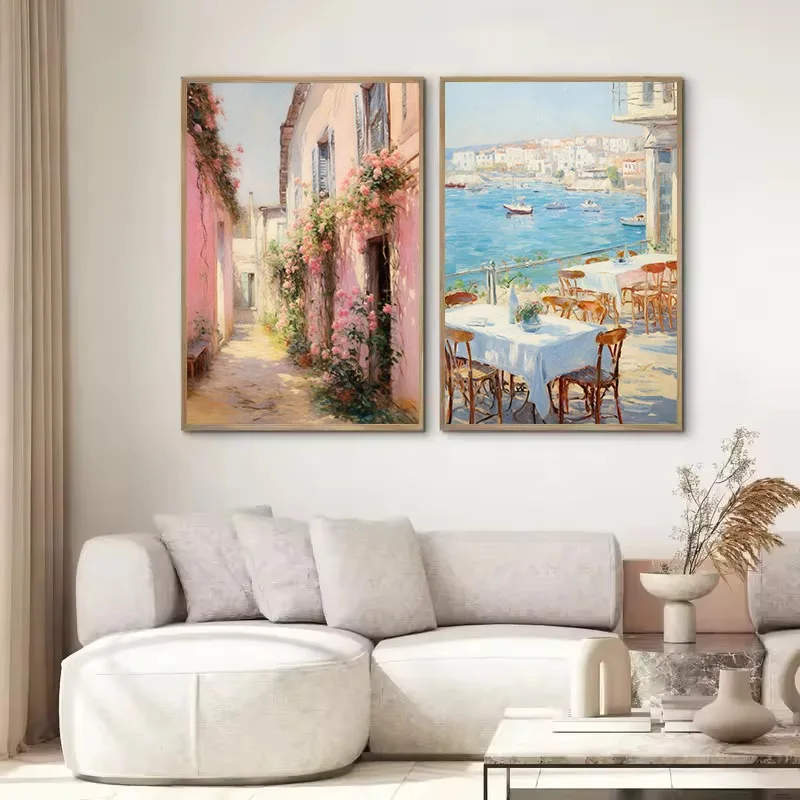 Retro European Coastal Italy Seascape Pink Alleyway Pastel Aesthetic Poster Canvas Painting Wall Art Pictures Home Room Decor