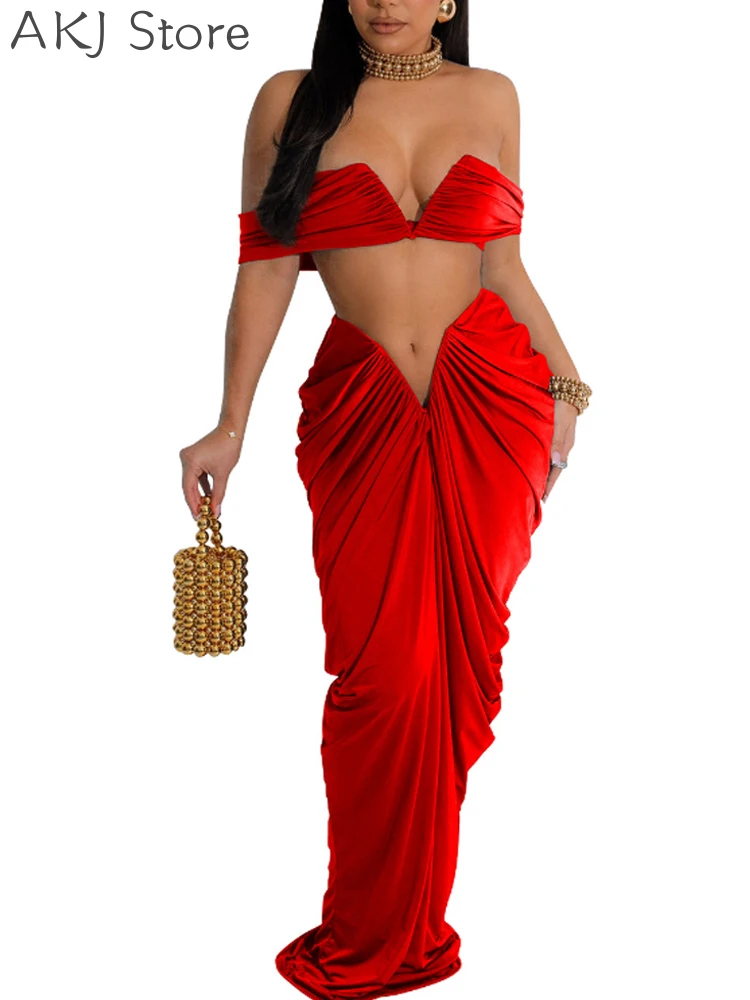 

Two Piece Set for Woman Crop Top And Ruched Midi Skirt Set