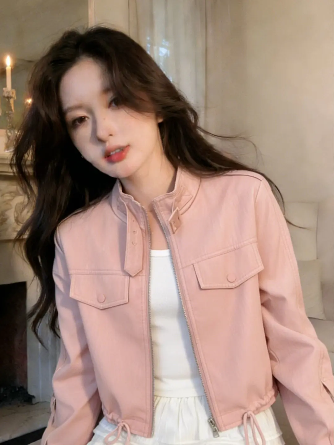 Elegant Pink Short Coat Women's Fashion Spring 2026 Luxury Style Stand Collar Zipper Closure Long Sleeve Casual Outerwear