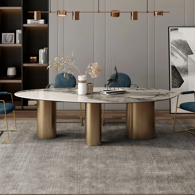 Modern Luxury Oval Dining Table Dining Room Space Saving Furniture Light Luxury Stainless Steel Rock Slab Dining Table Home