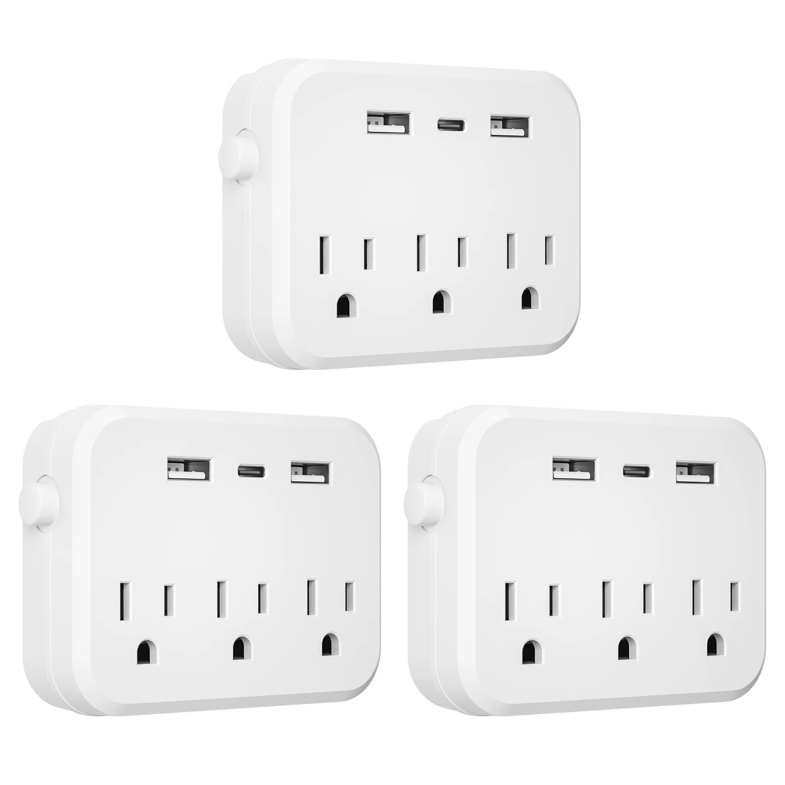 3 Pack,Mini Portable Switched 6-in-1 Multi-Function Power Outlet,3 sockets 2 USB 1 Type-C for Business Travel and Office,White