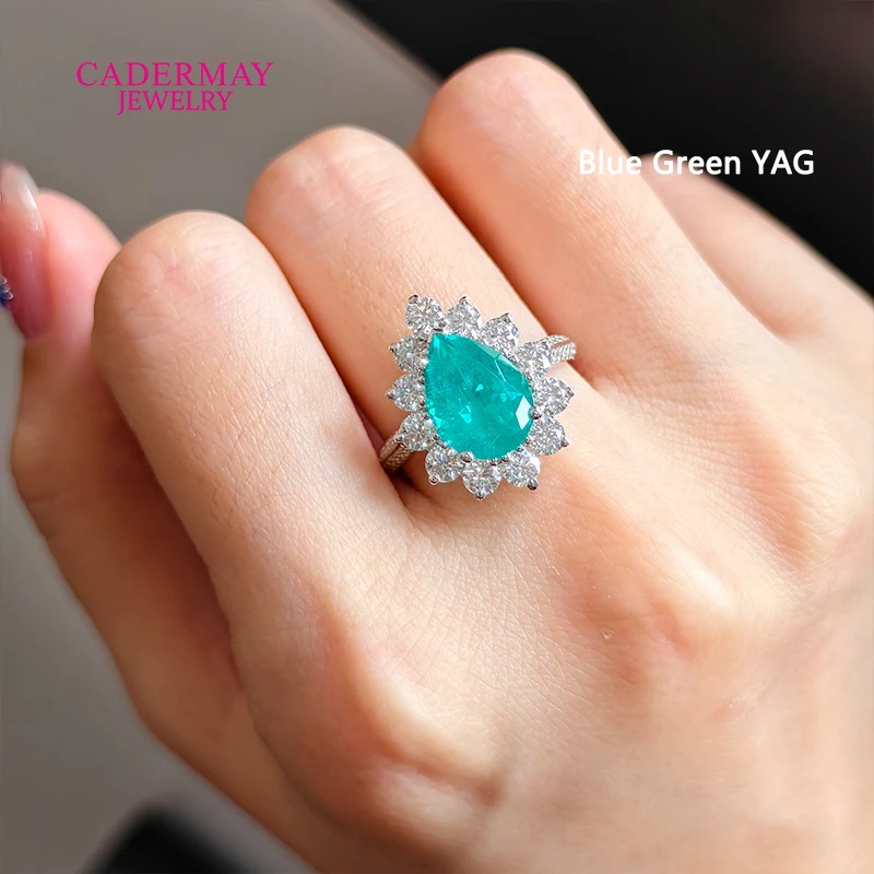 S925 Lab Paraiba Rings S925 Silver 8x11mm Pear Shape Paraiba YAG With Moissanite Wedding Engagement Ring Pave For Women Gift - view 6