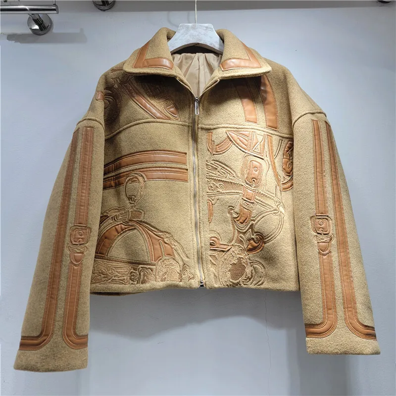 HKSH خريف شتاء جديد إمرأة قصير سترة صوفية الثقيلة التطريز المرقعة التباين اللون سستة الشارع الشهير معطف عصري HK12891 #3