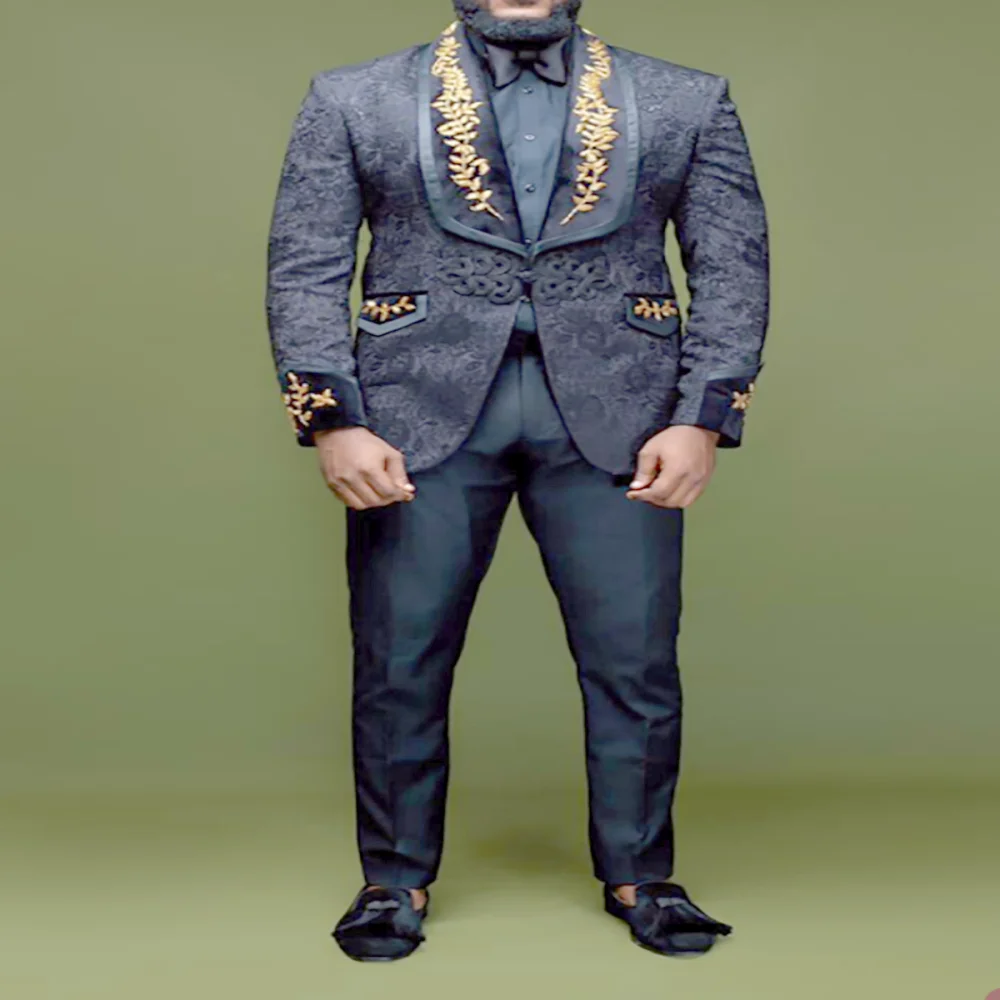 Esmoquin de lujo con Apliques de encaje dorado para hombre, traje de boda con patrón Floral personalizado, con un botón, pantalones formales de noche y graduación, 2 piezas, 2024