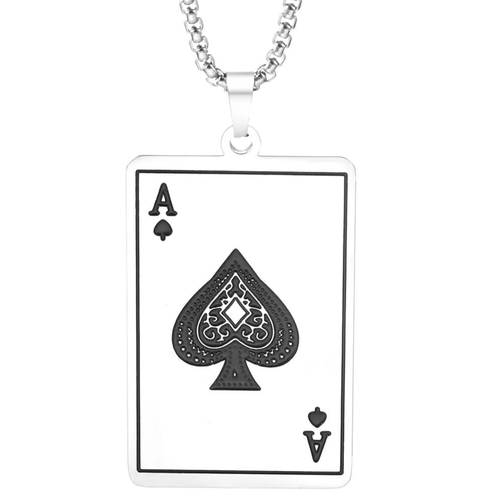Fashion Punk Ace of Spades Poker Card Pendant Necklace for Men Women Golden Silver Color Stainless Steel Playing Cards Jewelry