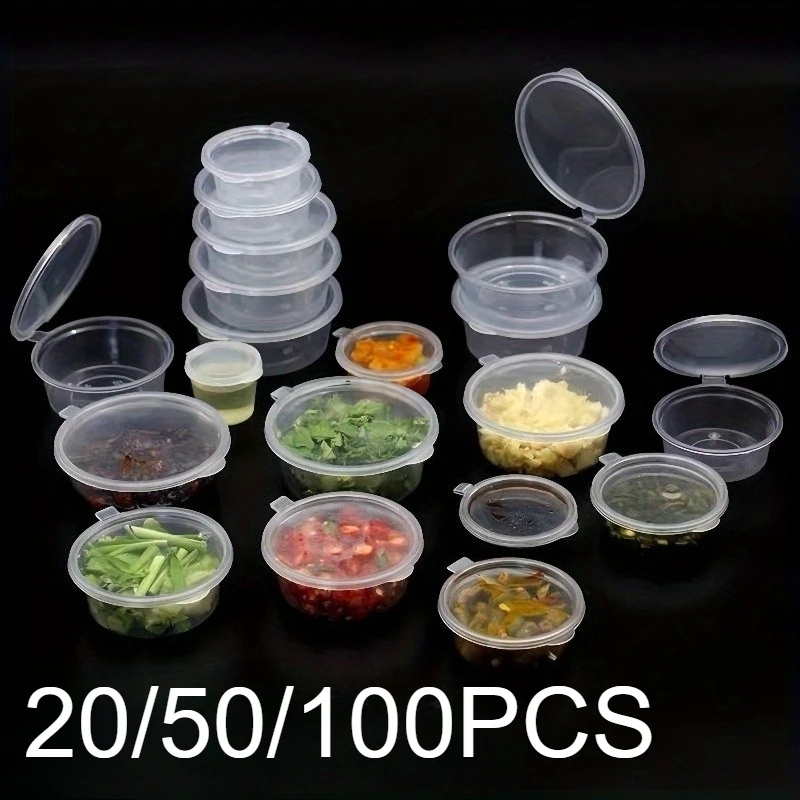 Frascos de plástico para salsa con tapas, taza para salsa de alimentos desechable, embalaje a prueba de fugas, aderizas para ensalada portátiles, taza para condimentos, 20/50/100 Uds.
