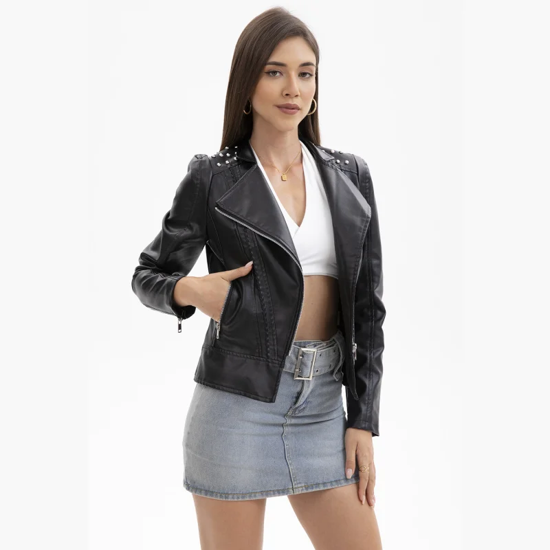 European Size Women's Beaded Leather Jacket Long Sleeve Fashionable Jacket with Turn-down Collar Motorcycle Jacket Thin Spring a