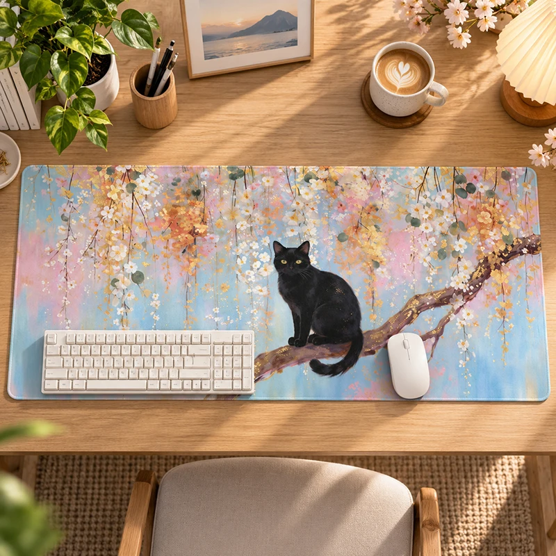 Mouse Pad Black Cat Sakura Tree Gamer XL Home HD New Large Mousepad XXL Playmat Non-Slip Office Soft Carpet Mouse Mats