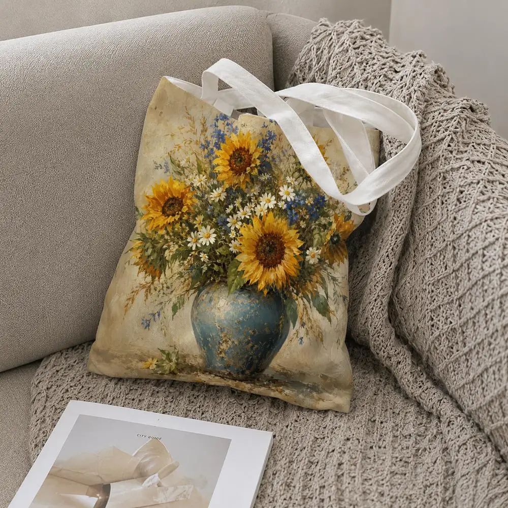 Sunflower & Purple Flower Storage Bags Storage Bags Canvas Tote Bag Large Capacity Shoulder Fashion Eco Shopping Handbag