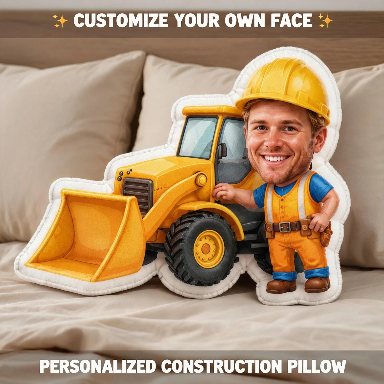 Custom Personalized Photo Face Pillow, Construction Worker And Excavator Custom Shaped Decorative Cushion, Unique Home Decor Acc