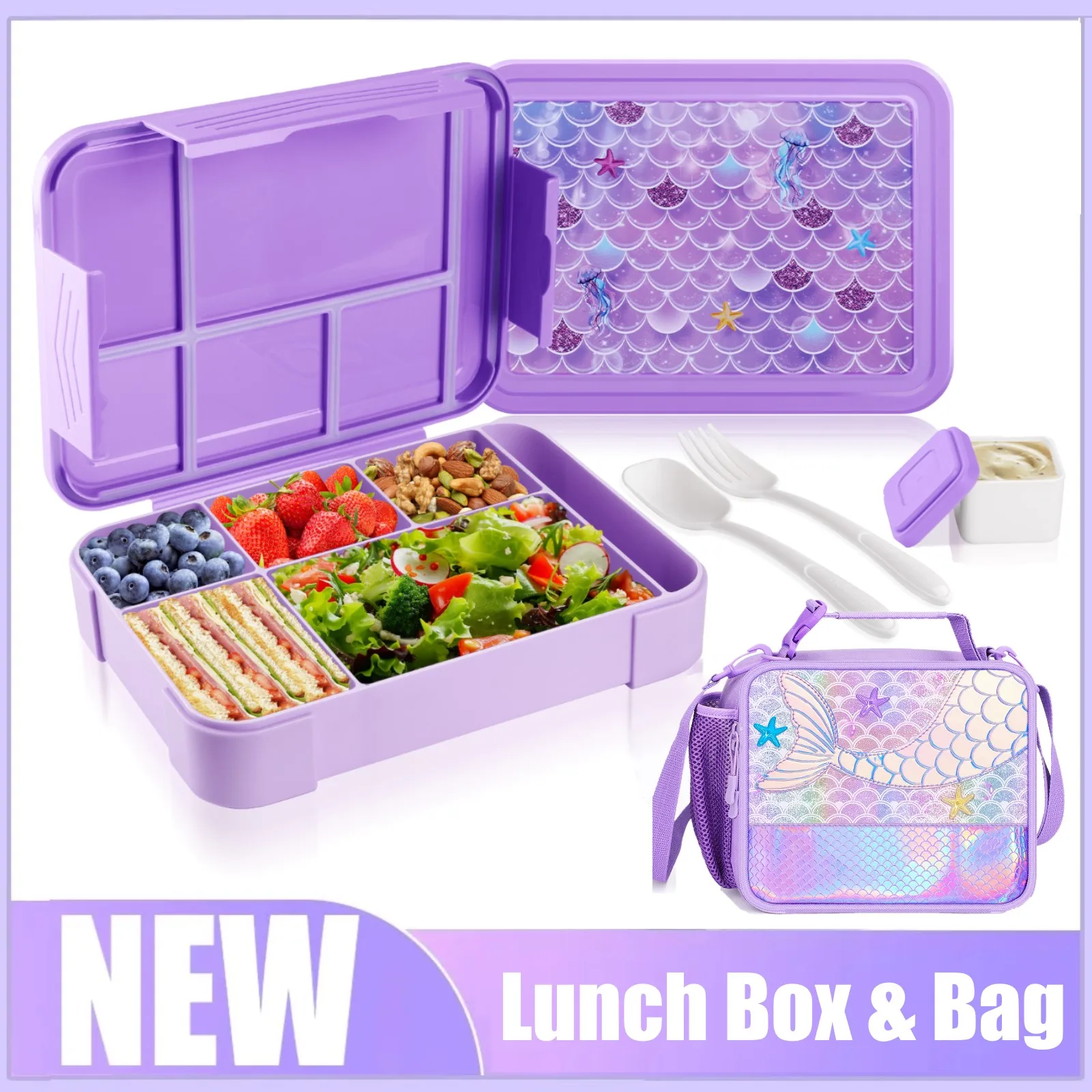 Kids Lunch Box for School Mermaid Prints Leak-Proof 6-Compartment Bento Box with Insulated Lunch Bag Microwave Safe Purple Pink