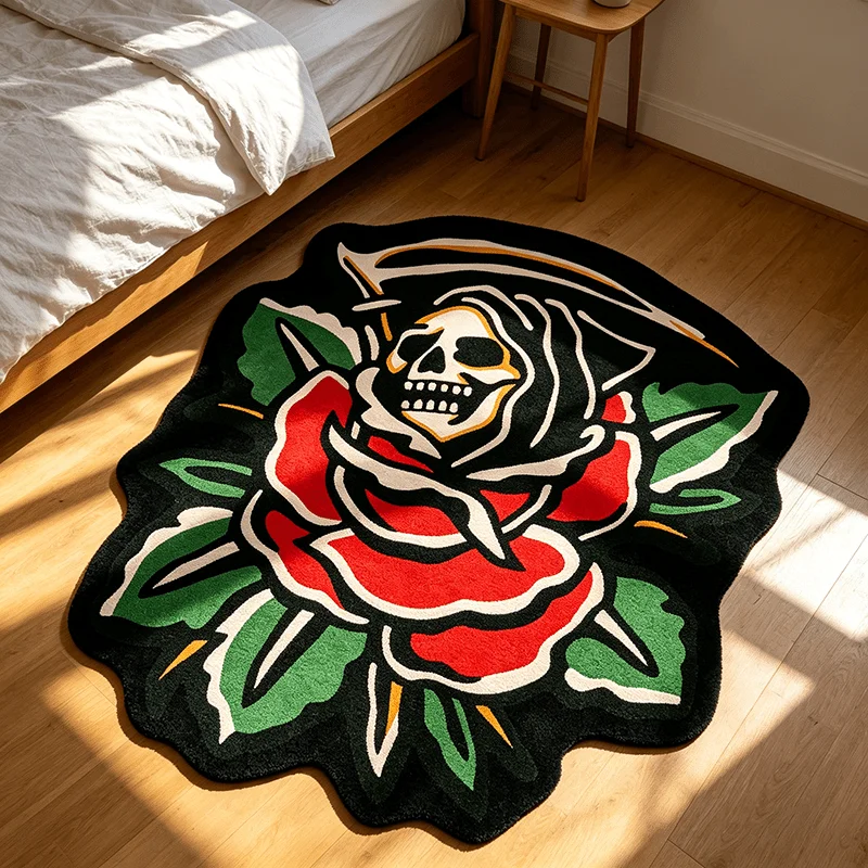 VIKAMA Irregular Skull Rose Floor Rug,Anti‑Slip Mat,Gothic Death Reaper Red Rose Tattoo Art Print Carpet for Indoor Home Decor