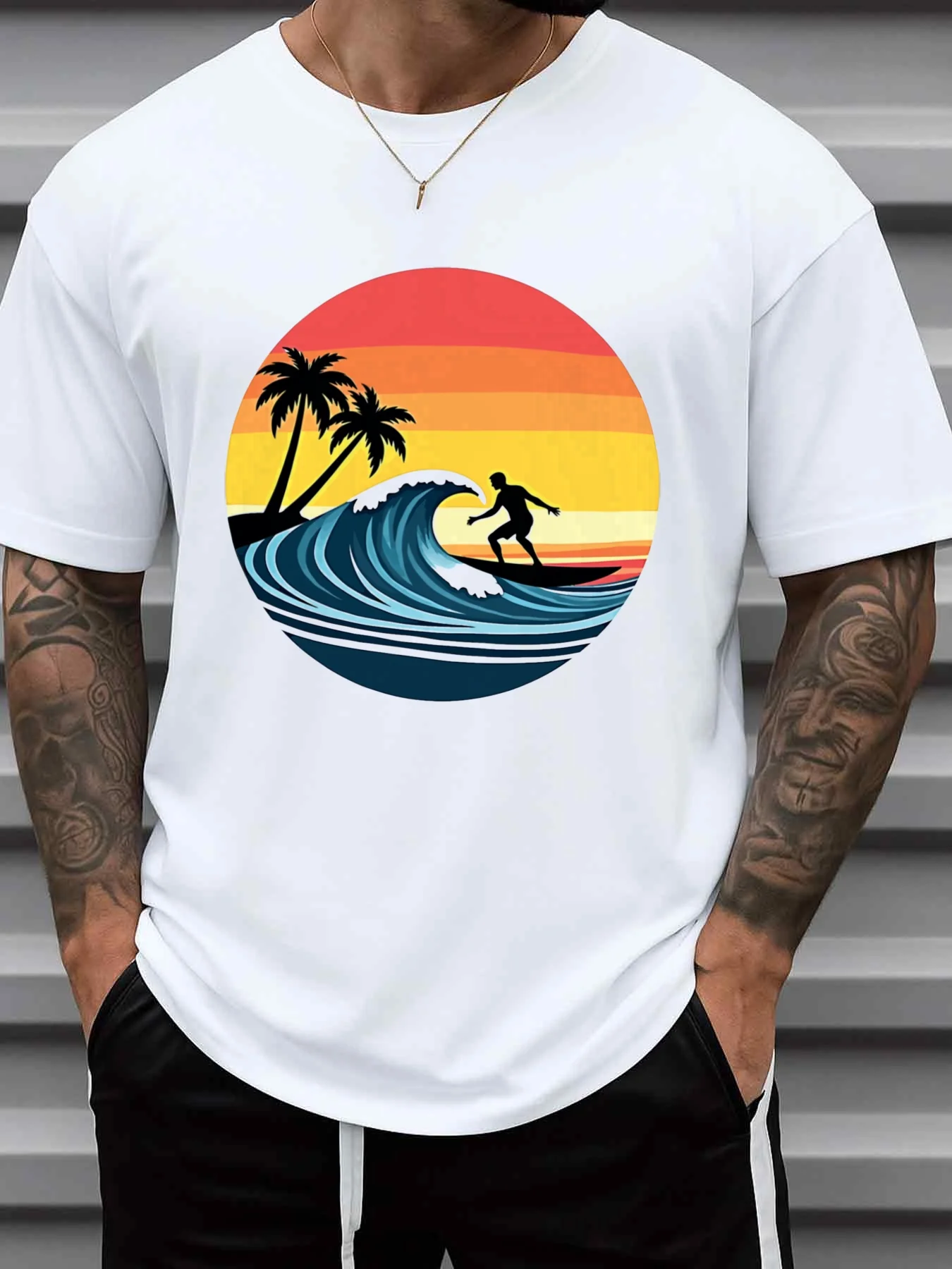 Men's Pure Surf T-Shirt with a Sunset Beach and Surfboard Wave Print—Casual Short-Sleeved Crew Neck Shirt, Suitable for Surfing Lifestyle, All-Season Wear, Beach Outfits, and Weekend Style
