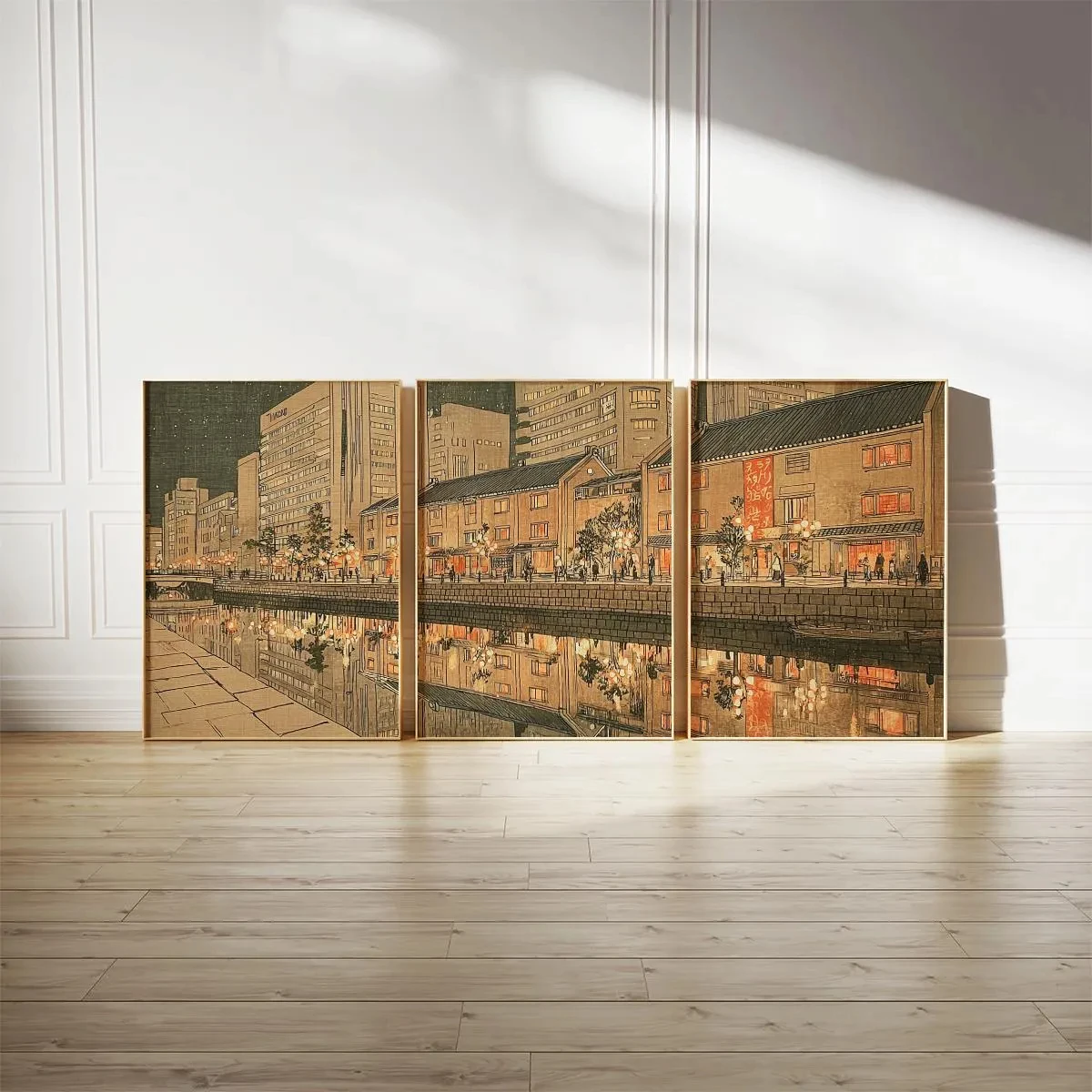 3PCS frameless decorative art print,3Pcs Vintage Japanese Canal Wall Art, Ukiyo-e Night Riverside Town Building Canvas Prints