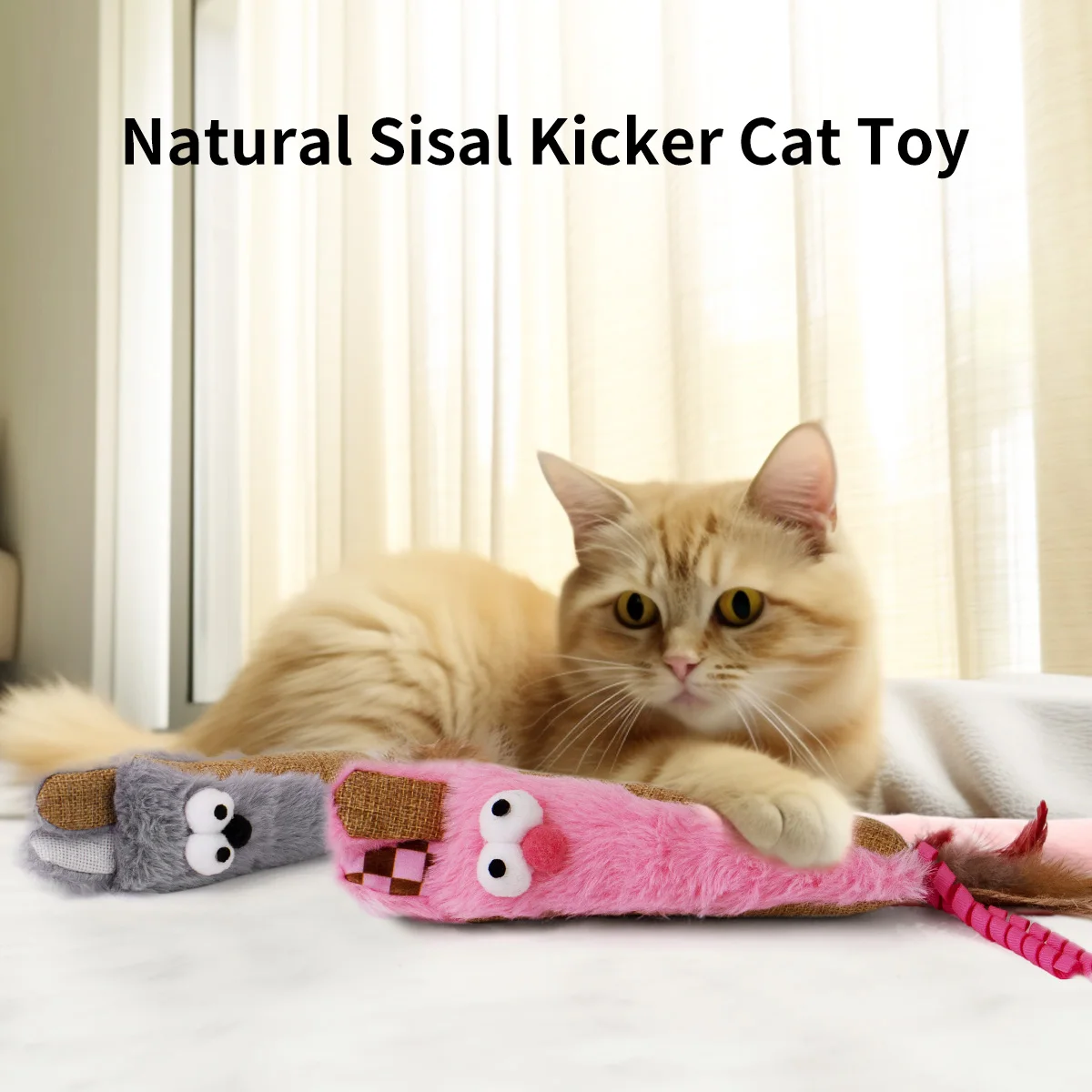 Cat Toy for Kicking and Teething, Soft Plush Cat Chew Toy, Mesh Fabric Teething Cat Toy with Real Feather and Wooden Ball