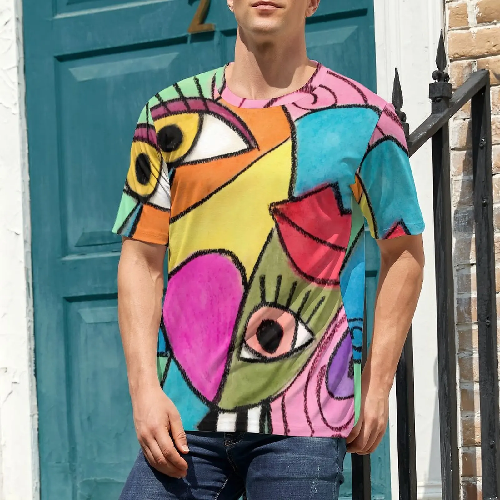 Artistic Color Block T-Shirt Blue Red Green Vintage T Shirts Men Fun Tee Shirt Summer Short Sleeves Graphic Clothes Plus Size
