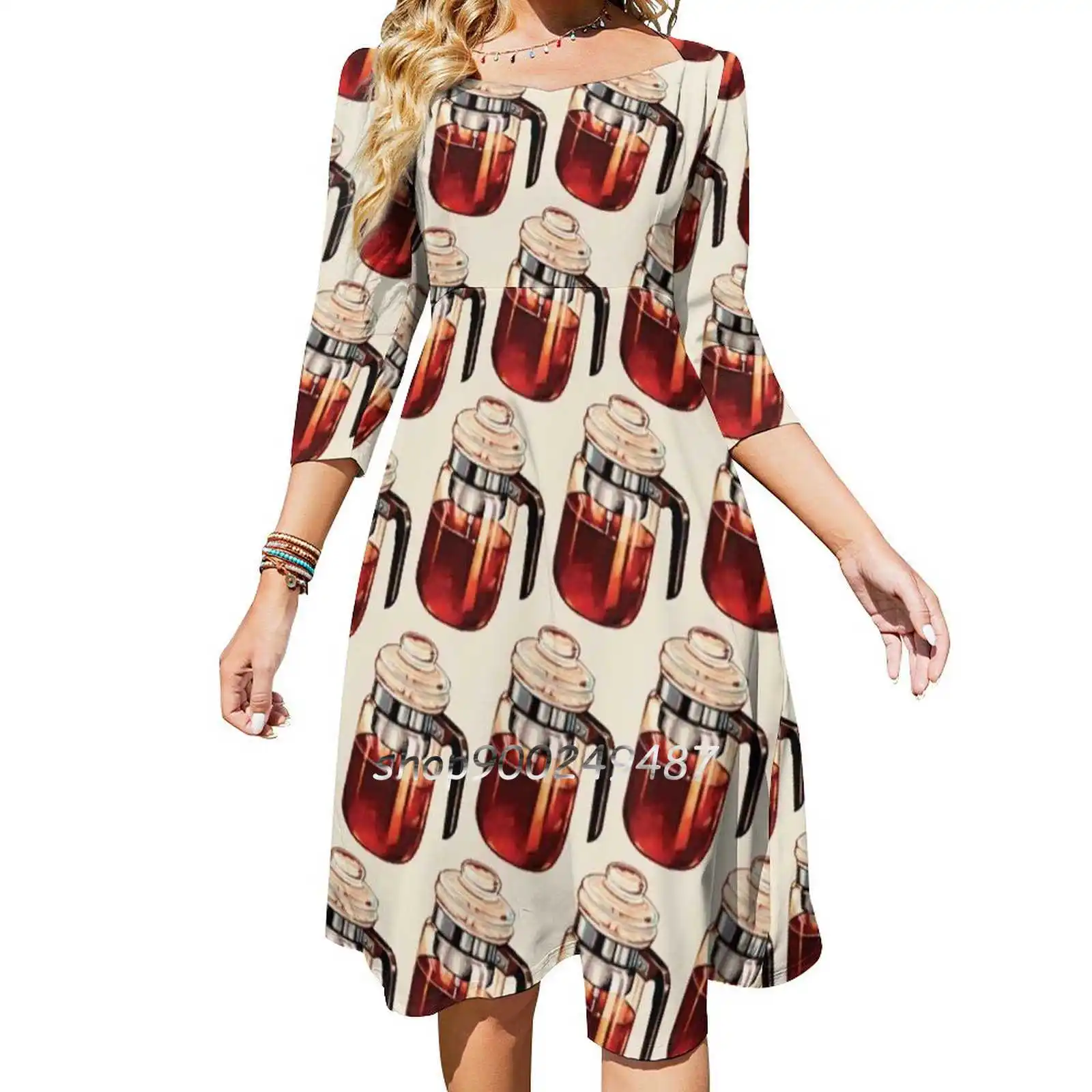 Coffee Percolator Pattern Square Neck Dress Cute Loose Print Dresses Elegant Beach Party Dress Coffee Retro Breakfast