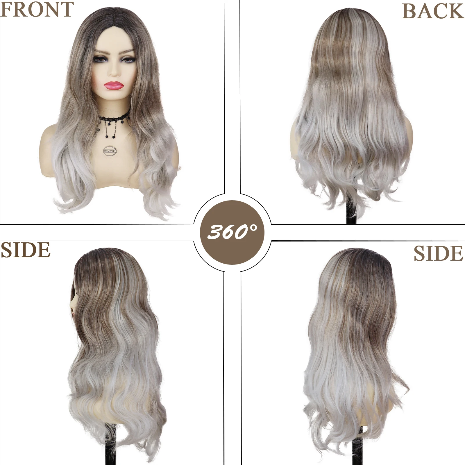 Synthetische lange braune bis graue Perücken, Ombre-Farben-Perücke für Frauen, Cosplay, Halloween, Party, Verwendung, bezauberndes, gewelltes Haar, junge Damen-Perücke