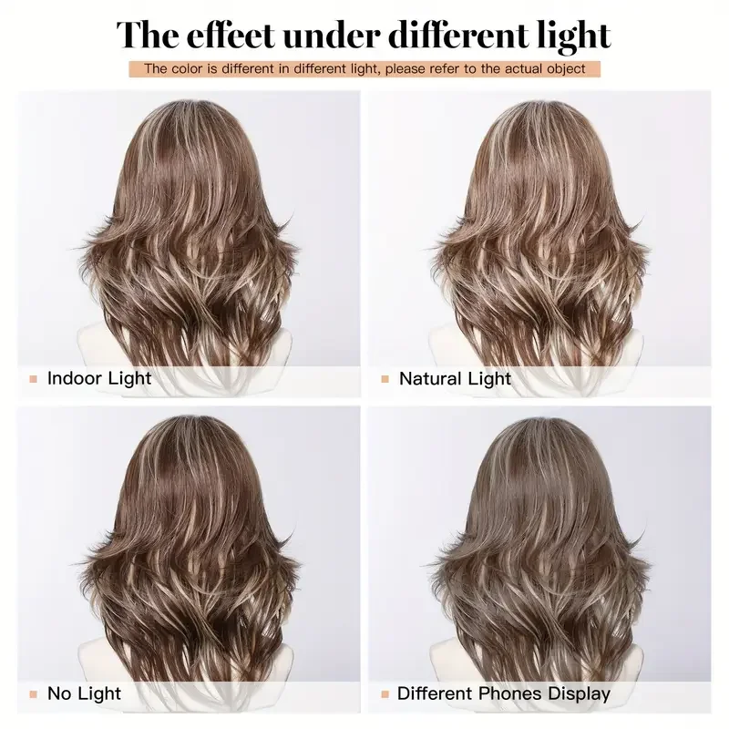 Brown Blonde Highlights Wigs Medium Length Wavy Fake Hair For Women Daily Use Natural Middle Part Heat Resistant Synthetic Wigs image 5