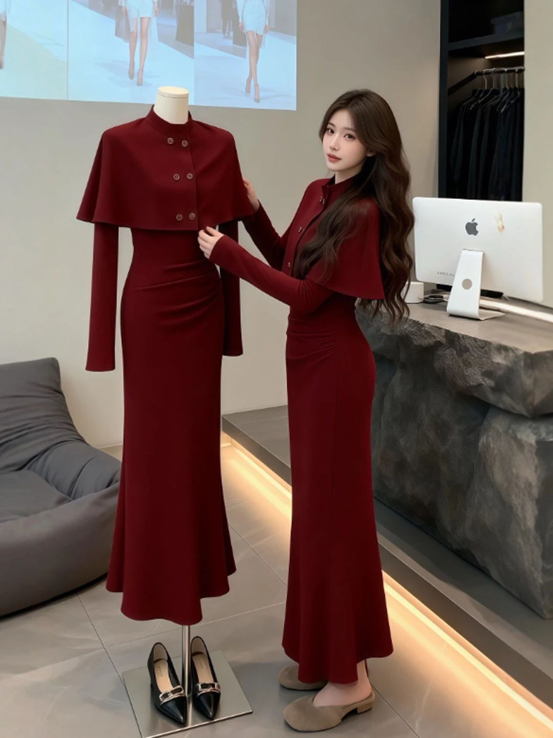 

Весенний Новый год, сексуальный красный плащ Dr Bodycon, длинная юбка с высокой талией, смесь хлопка Ele, уникальный дизайн для пар и повседневной одежды