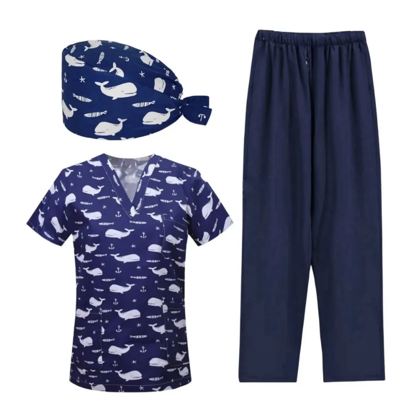 Uniforme de enfermera de Farmacia de manga corta, ropa de trabajo para médico de Hospital de mascotas, uniformes de cirugía Dental, traje de tres piezas con estampado de dibujos animados médicos