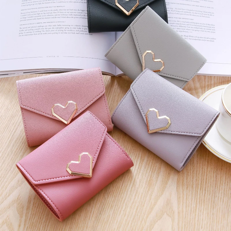 

Women Heart Hasp Short Wallet Simple Multifunctional Folding Purse Card Holder Cute Fashionable Clutch Bag Girls Money Bags