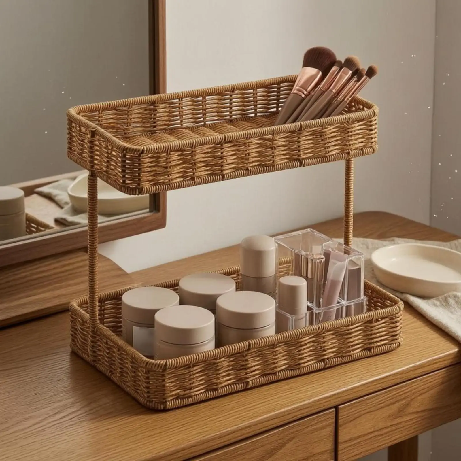 Two Tier Bathroom Vanity Organizer Rattan Style Countertop Storage Rack Home Makeup Tray for Dressing Table
