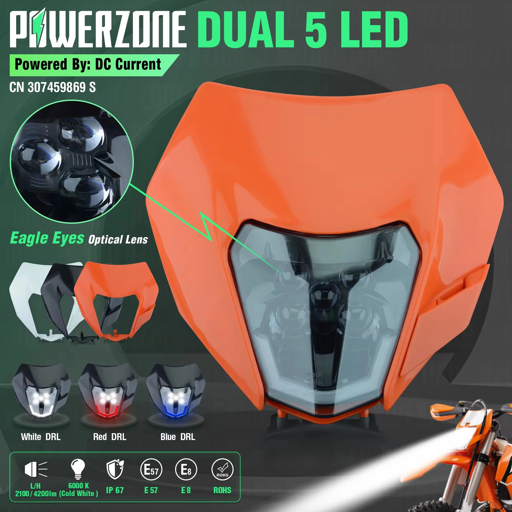 PowerZone Motorcycle LED Headlight Headlamp Head Light Supermoto Fairing For KTM EXC SXF MX Dirt Bike Enduro LED Headlight