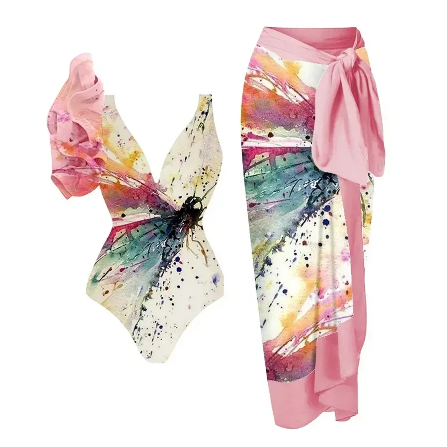 Maillot de bain une pièce imprimé Floral, col en V, à volants, jupe pour femmes, Vintage, vêtements de plage, nouvelle collection été, 2025