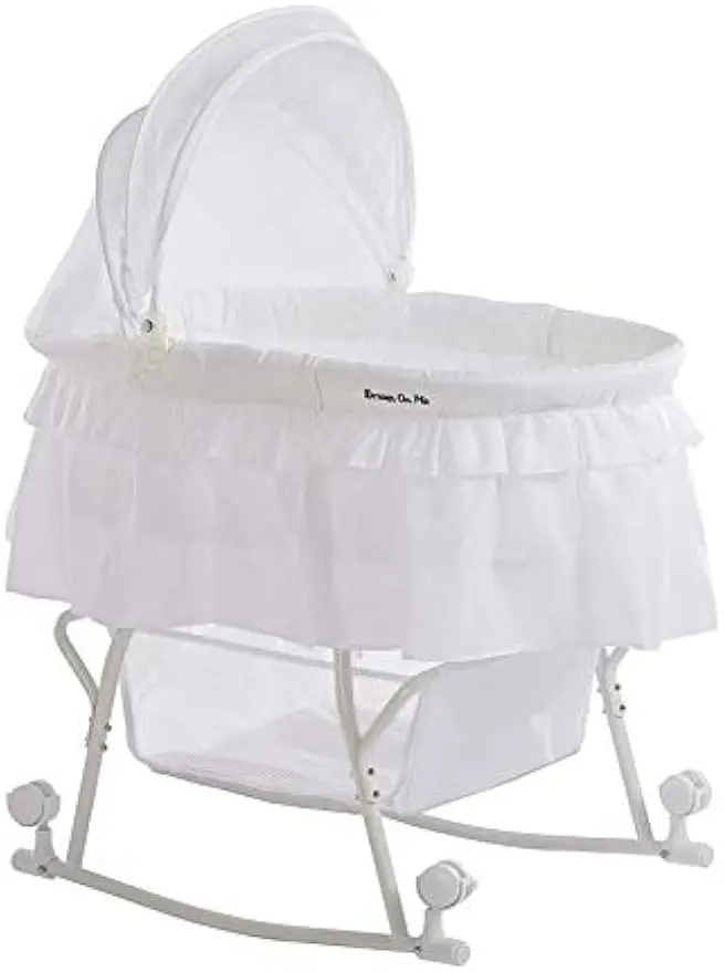 Portable 2-in-1 Bassinet & Cradle with Canopy, Storage Basket, Locking Wheels, Lightweight Frame - White