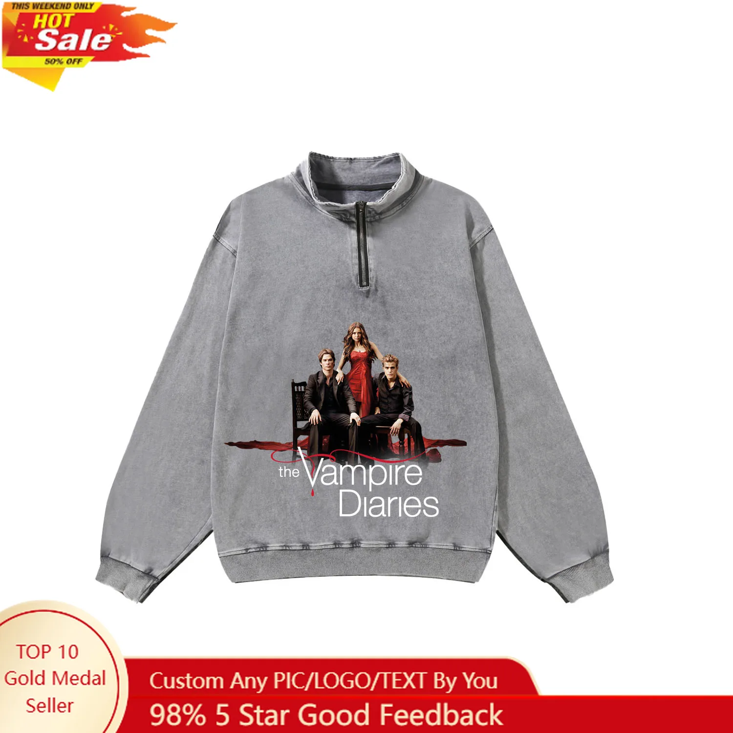 

The Vampire Diaries Movie Custom Retro Sweatshirt Mans Womans Half Zipper Vintage Sweat Shirt Photo Custom Made Tops
