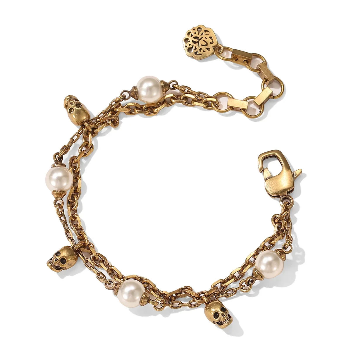 

Retro fashion pearl double chain bracelet Hip hop personality bracelet