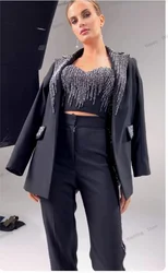 3 Pieces Black Women Suits Pants Set Luxury Beads Glitter Top Bra+Blazer+Trousers Custom Made Bling Jacket Party Prom Gown