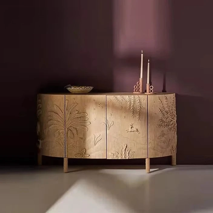 Rustic style semi-circular foyer cabinet French solid wood retro carving living room decoration hotel use