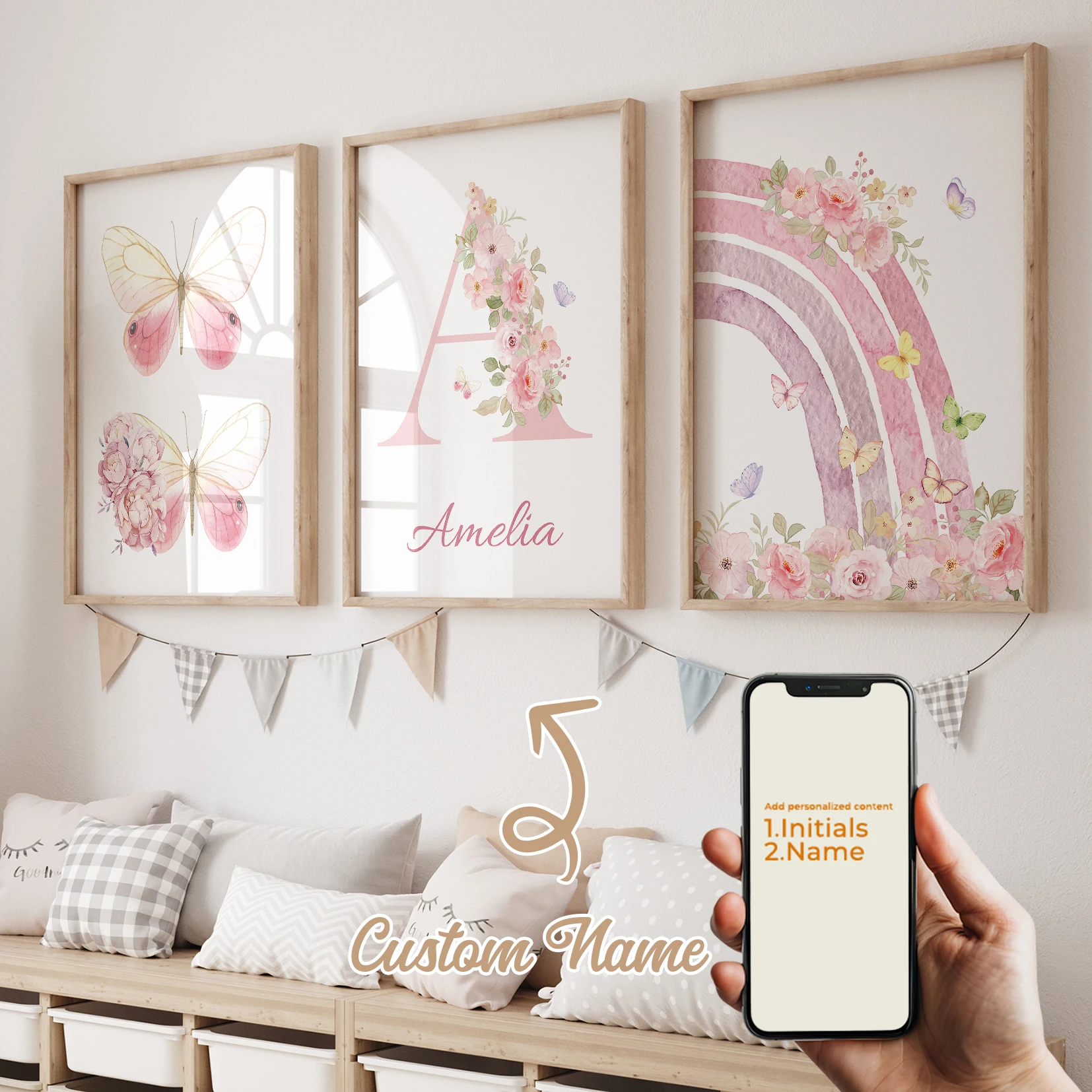 3pcs Personalized Custom Name Cartoon Child Rainbow Wall Art Print Picture Canvas Poster Painting For Living Room Home Decor