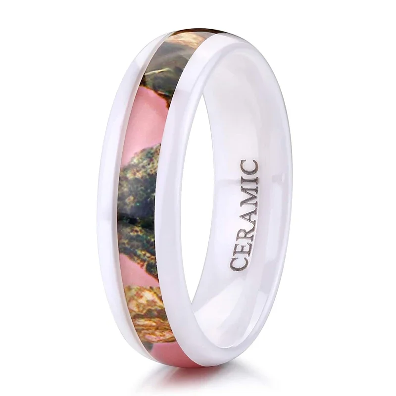 Kolmnsta Ceramic Ring In Black and White, with Color Painting Polished Beveled Edge Plating Wedding Ring for Couples