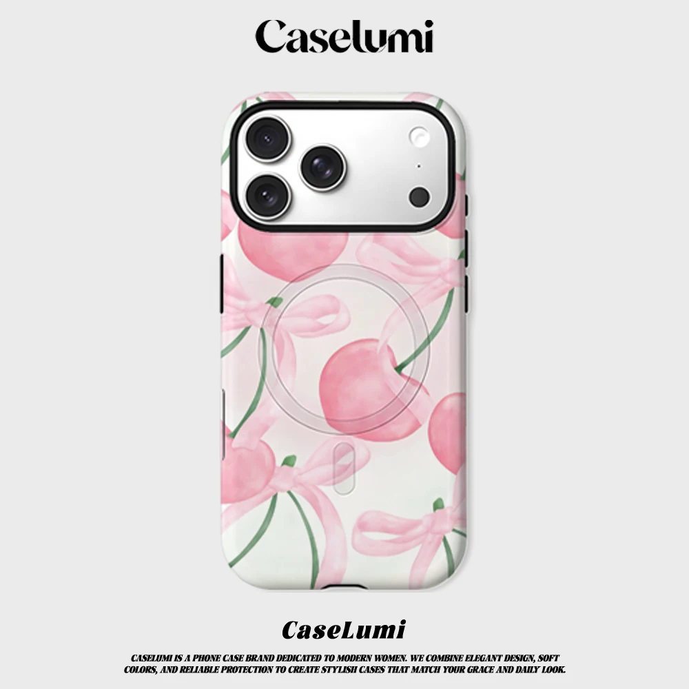 Coque antichoc CaseLumi Matte Bumper pour MagSafe compatible iPhone 17 16 15 14 Plus 13 Pro Max, en PC rigide, motif cerises à nœud papillon