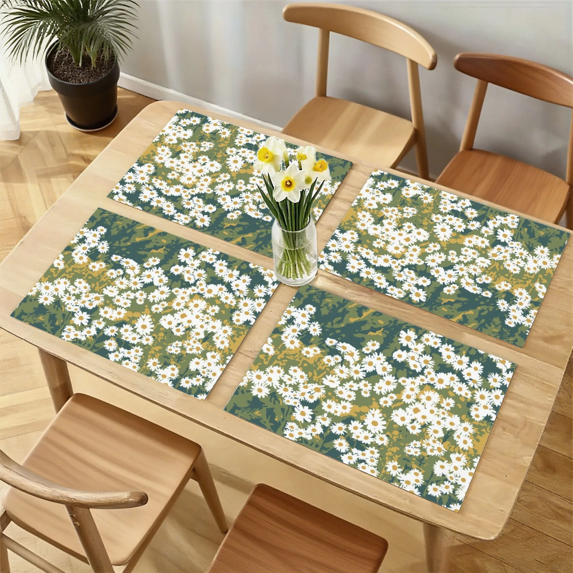 Tovaglietta per pasto leggero rurale francese e tè pomeridiano Margherita Elementi naturali a base verde Tovaglietta per decorazioni abbinate per feste di yogurt di bacche